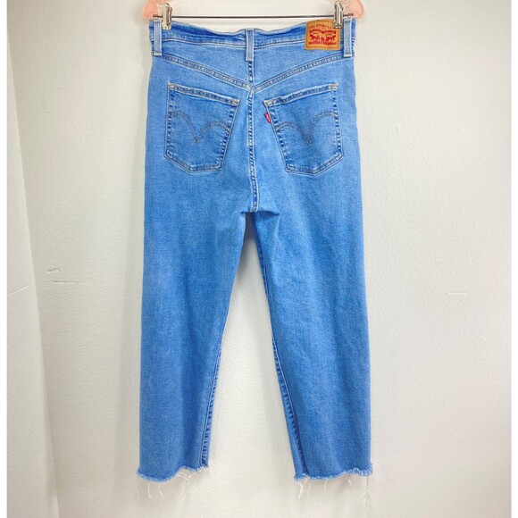 Levi Ribcage Straight Ankle Women Jeans Size 30 Button Front Med Wash Distressed - Picture 12 of 16